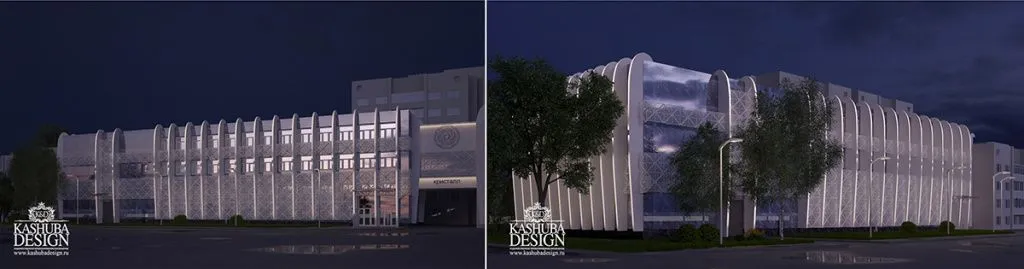 3d визуализация объекта / дизайн - проект фасада здания офиса (ночное освещение)